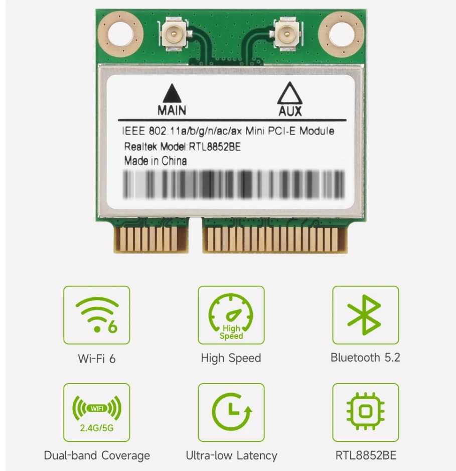 Micrófono inalámbrico MINIPCIE RTL8852BE, Wi-Fi Gigabit de doble banda 6, estándar 802.11AX, Bluetooth 5.2