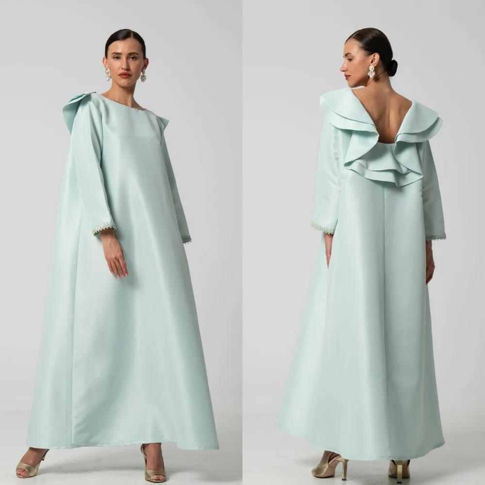 Jiayigong  Satin Draped Ruched Pleat Engagement A-line O-Neck Bespoke Occasion Gown Long Sleeve Dresses Saudi Arabia