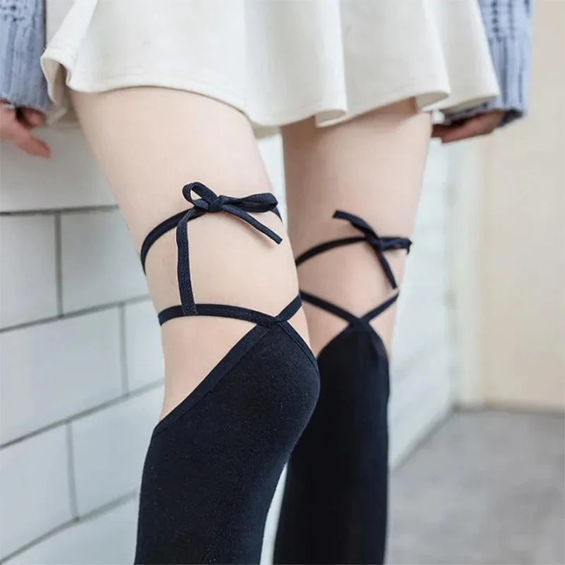 Bandage JK Woman Socks Black White Lolita Long Tight Socks Cross Lace-Up Thigh High Thin Sock Kawaii Cos Sexy Cotton Stockings