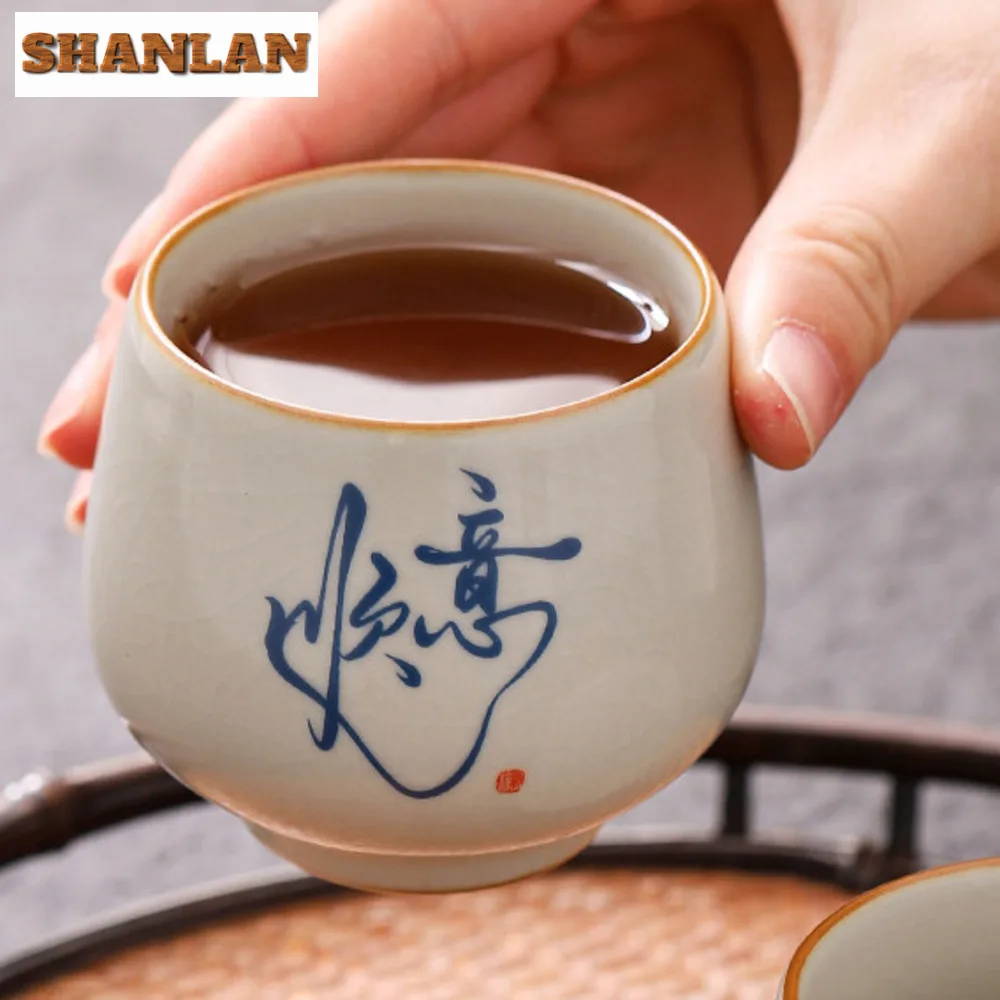 130ml Chinese Retro Ru Kiln Ceramic Teacup Calligraphy Art Coffee Cup Travel Portable Tea Bowl Cha Handmade Tea Set Master Cup