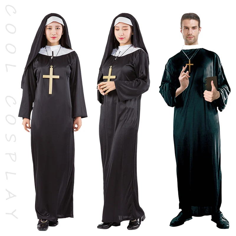 Costumes de Cosplay de prêtre pour hommes et femmes, vêtements de carnaval, longues Robes d'halloween, vêtements d'église religieuse et catholique, missionnaire