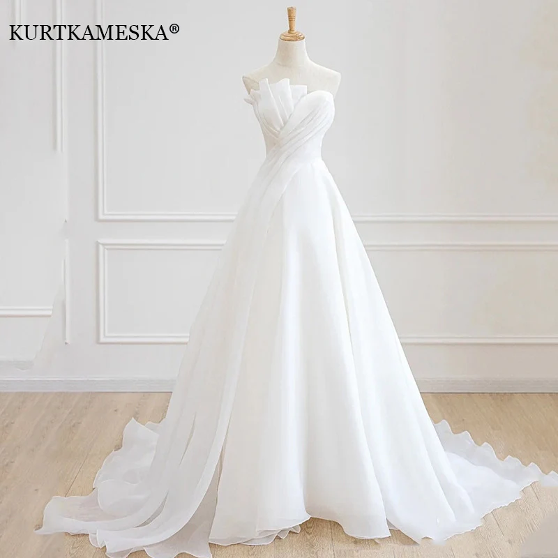 Luxury White Satin Chiffon Strapless Wedding Trailing Dresses for Bride 2024 Elegant Long Prom Evening Guest Party Women Dress