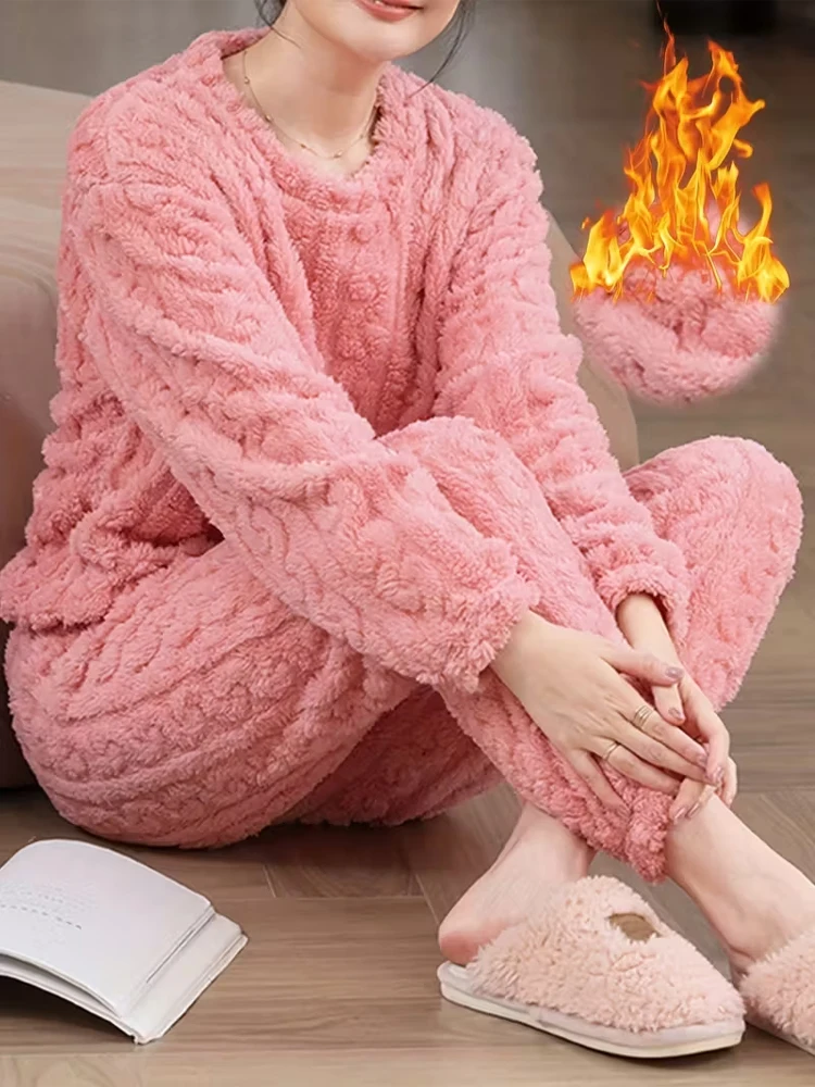 Winter Women Thicken Coral Fleece Pajamas Set Solid Color Soft Warm Long Sleeve Homewear Sleepwear Female Comfortable Sleepwear image 3
