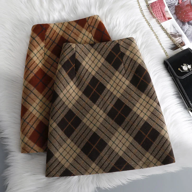 

Plaid Woolen Short Skirts Women Autumn Winter New Zipper High Waist Temperament Mini Skirt Woman Retro Thicken Checked Skirts