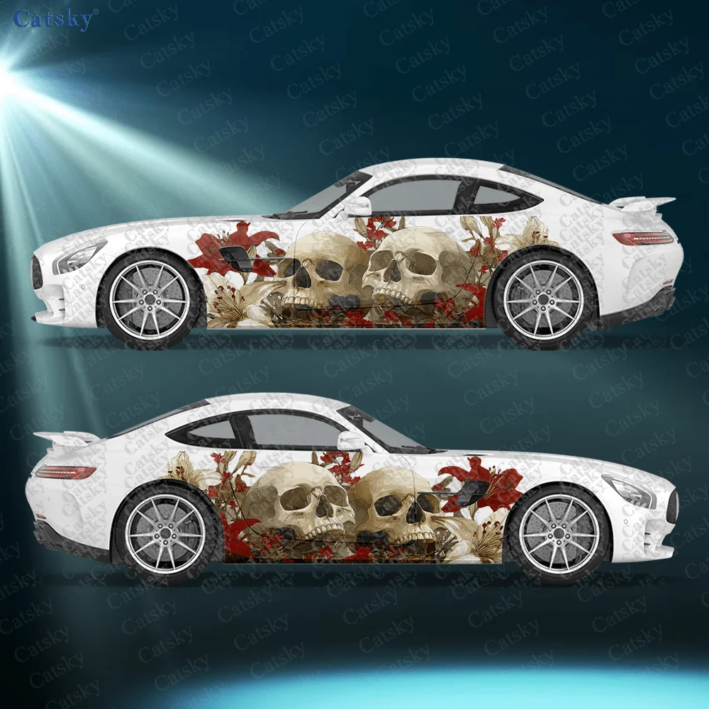 

2 шт. наклеек на боковые части автомобиля с изображением черепа и красно-белых лилий, самоклеящиеся, из ПВХ, водонепроницаемые и устойчивые к царапинам, аксессуар для автомобиля, подарок