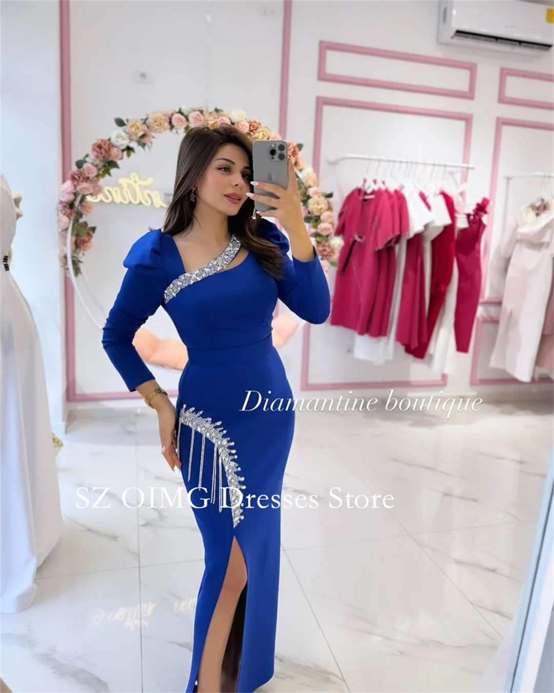 OIMG 2024 New Summer Women\'s Maxi Blue Crepe Satin Prom Dress Customized Fashion Celebrity V-Neck Crystals Simple Party Dress