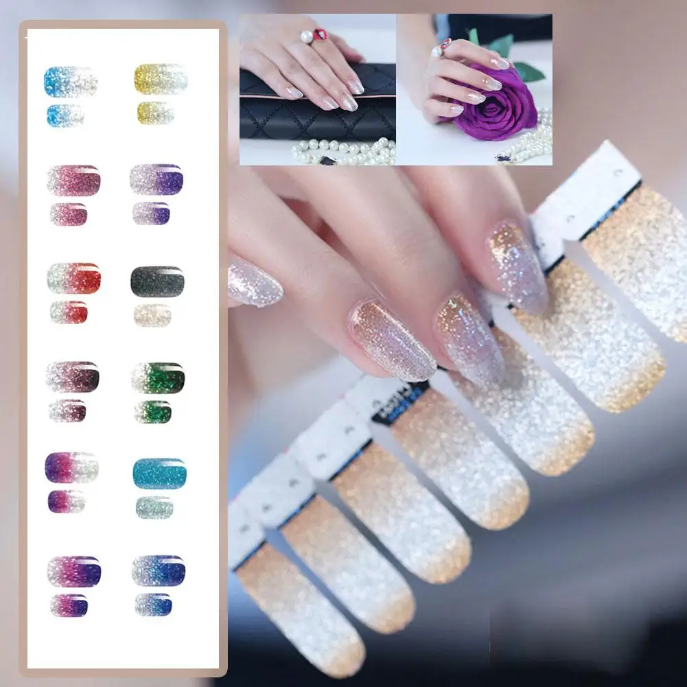 Autocollants pour ongles scintillants, couleur unie, dégradé de couleur, 14 autocollants