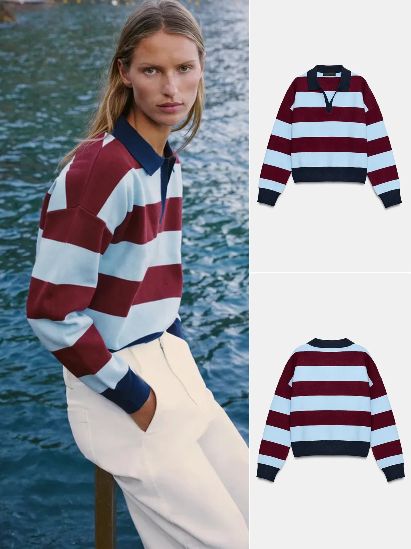 Autumn New Street Style Women's Knitted  Neck Long Sleeve Color Block Stripe Design Top Casual Loose Fit Polyester