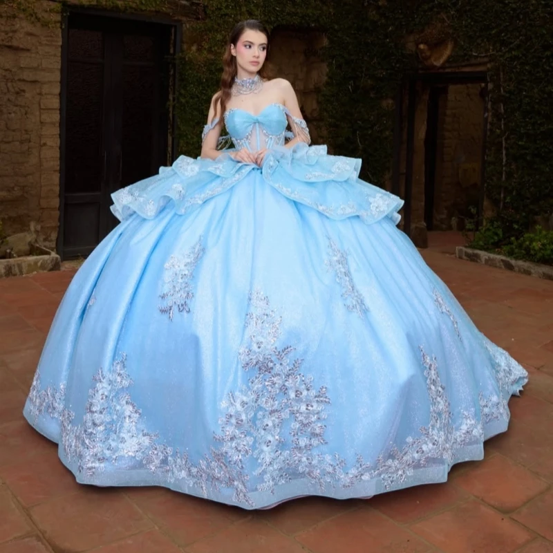 

Sky Blue Shiny Quinceanera Dresses Ball Gown Off The Shoulder Applique Lace Beading Crystal Bow Tull Party Birthday Sweet 16