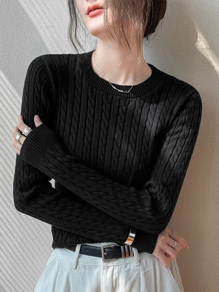 Chic White Long‑Sleeve Sweater 2026 Autumn Winter New Cable Knit Women's Pullover Versatile Layering Base Tops