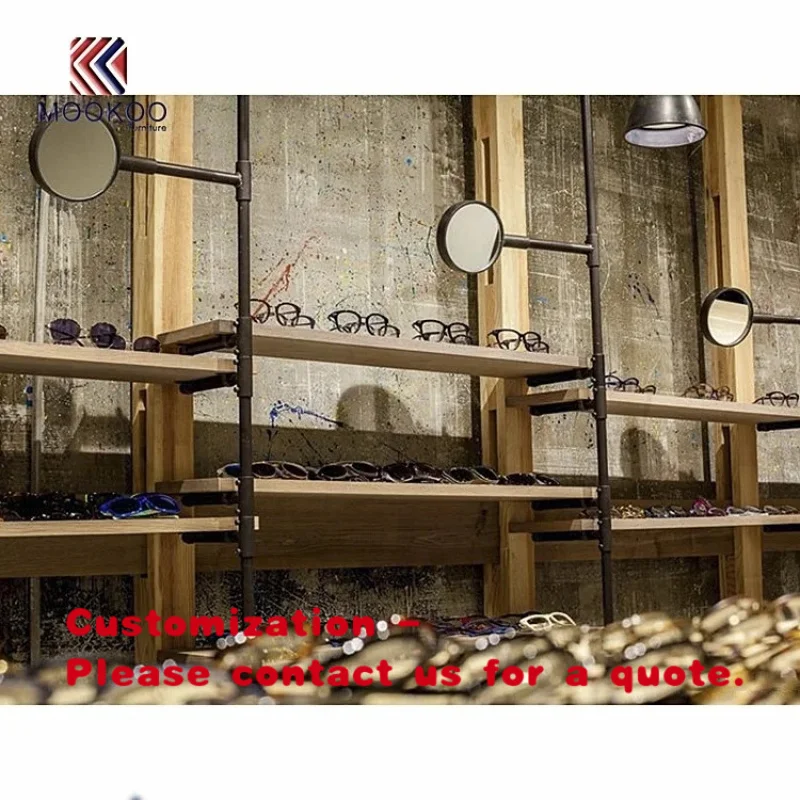 custom.Vintage Style Metal and Wooden Display Rack Eyewear Wall Shelf Showcase Design