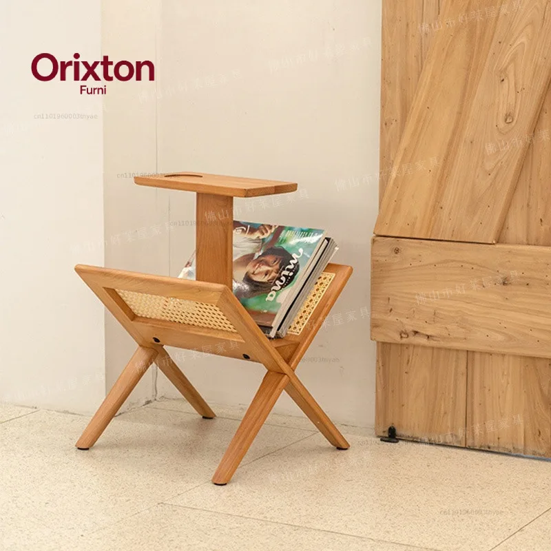 Solid wood magazine rack, rattan, book and newspaper rack, a few corners, Japanese-style simple household storage shelf