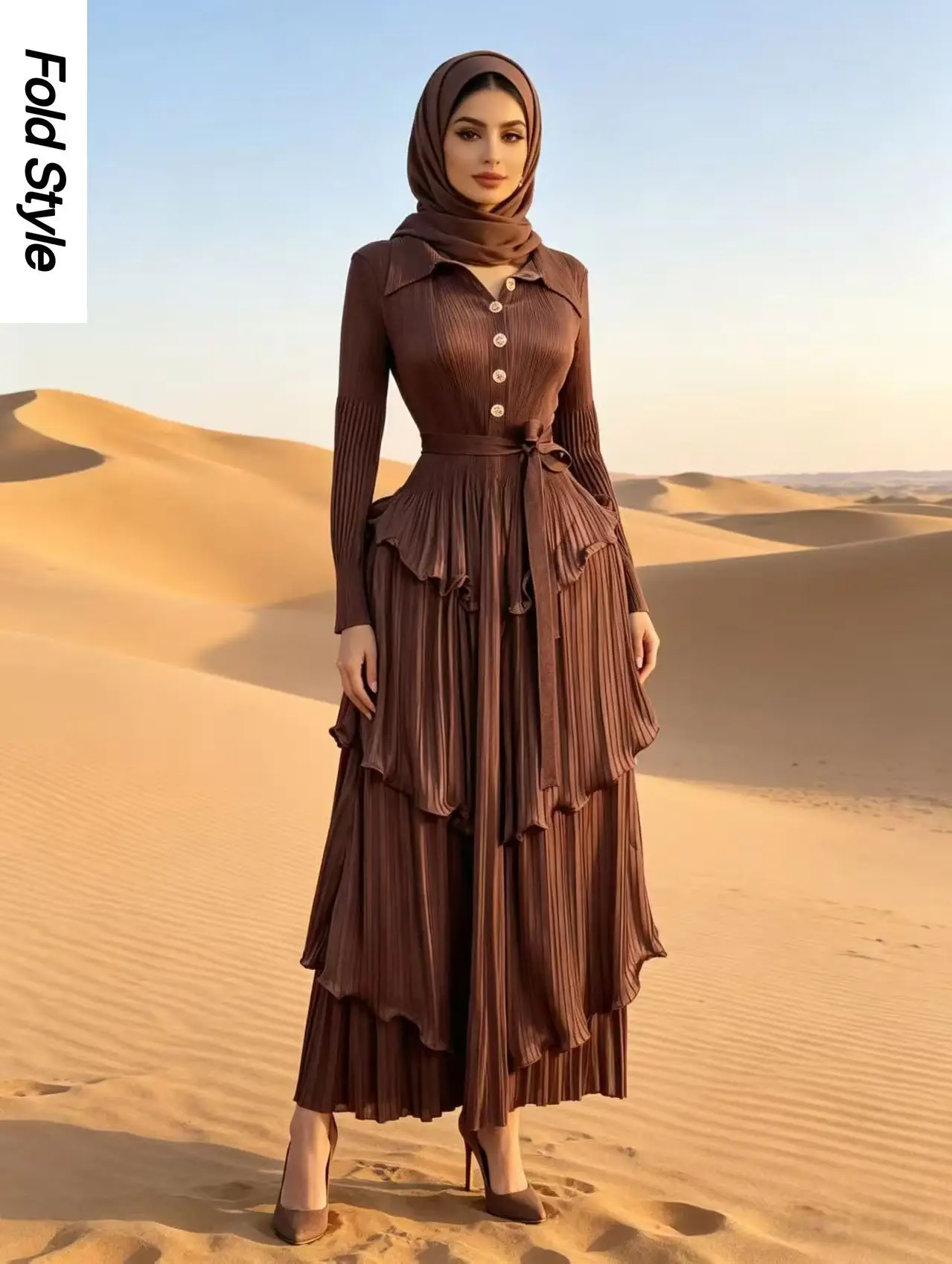 

Плиссированное длинное платье Miyake с воланами по краю, рукавами-фонариками и круглым вырезом, женская одежда