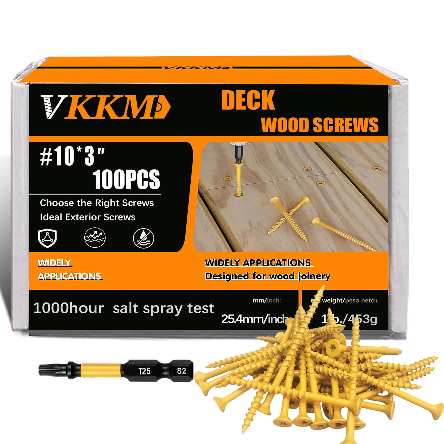 

VKKM 3-inch Deck Screws, Wood Screws #10*3，100 Pieces, Anti-rust Epoxy Resin Coating, Including Torx T25 Drive, Yellow.