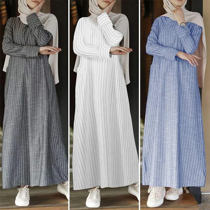 Europejska i amerykańska Abaya Femme Vintage Casual długi rękaw Abayas dla kobiet dubaj w paski bawełniana pościel damska sukienka