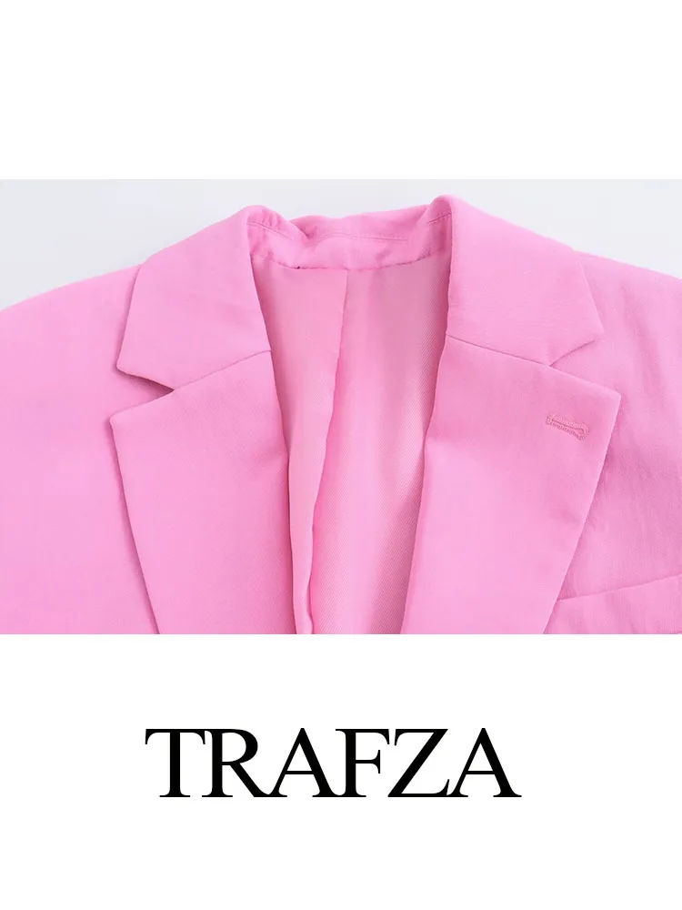 TRAFZA Woman 2 Piece Trouser Set Pink Lapel Single Button Pockets Blazer + High Waist Commute Office Lady Female Wide Leg Pant