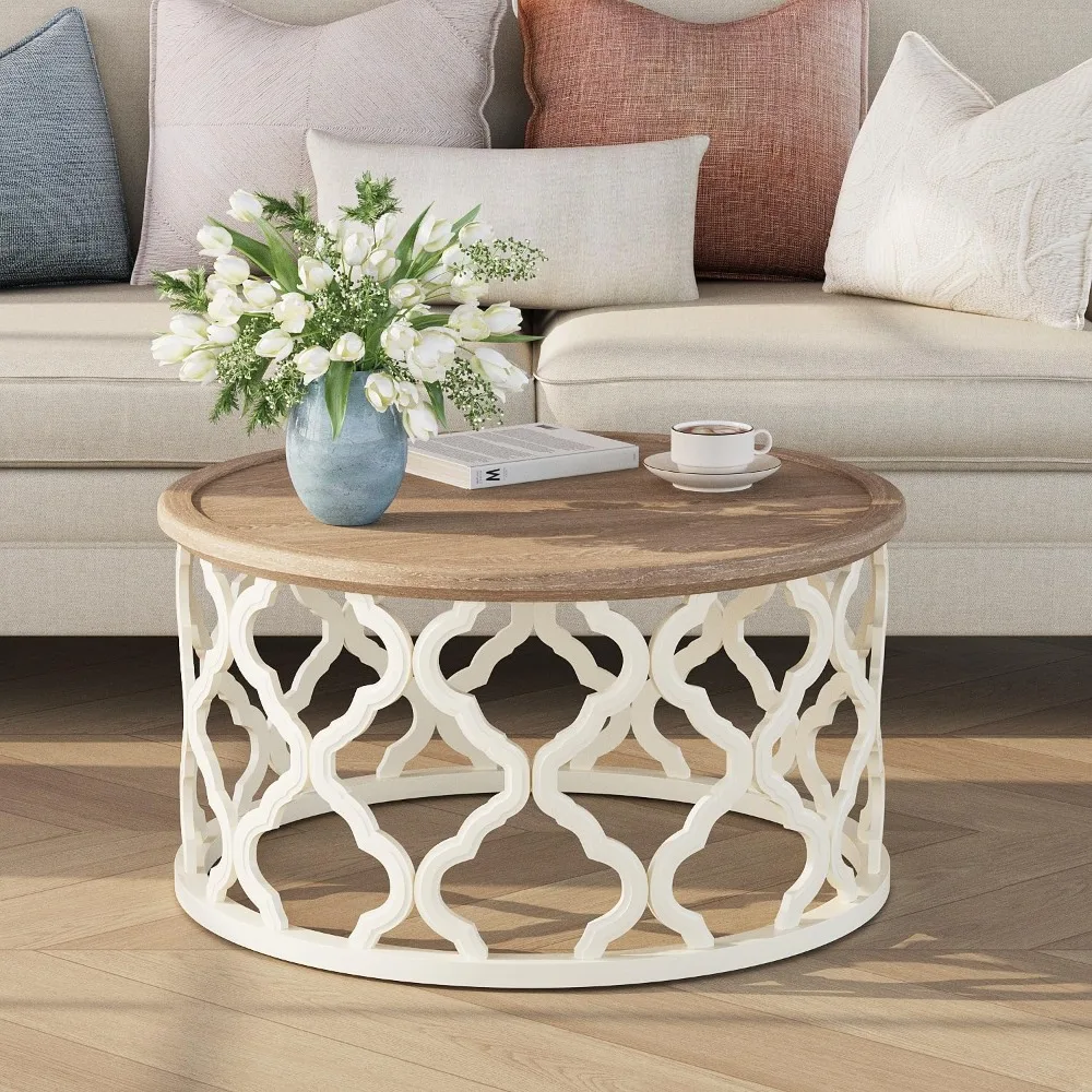 

Coffee Table, with Distressed Tray Top, Curved Motif Frame Base,French Country Round Coffee Table