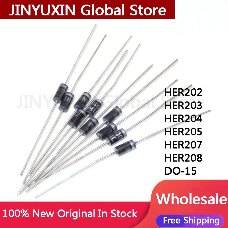 100Pcs New Original HER202 HER203 HER204 HER205 HER207 HER208 DO-15 Ultra Fast Recovery Diode 2A Chip In Stock Wholesale