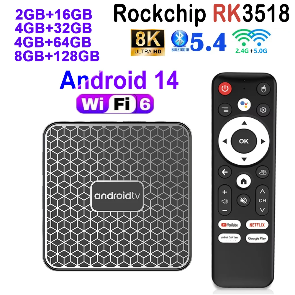 Caja de TV inteligente T8s RK3518 Android 14, asistente de voz de Google, 16G, 32G, 64G, 128G, reproductor multimedia Netflix, 2,4G y 5G, Wifi Dual, 8K, decodificador