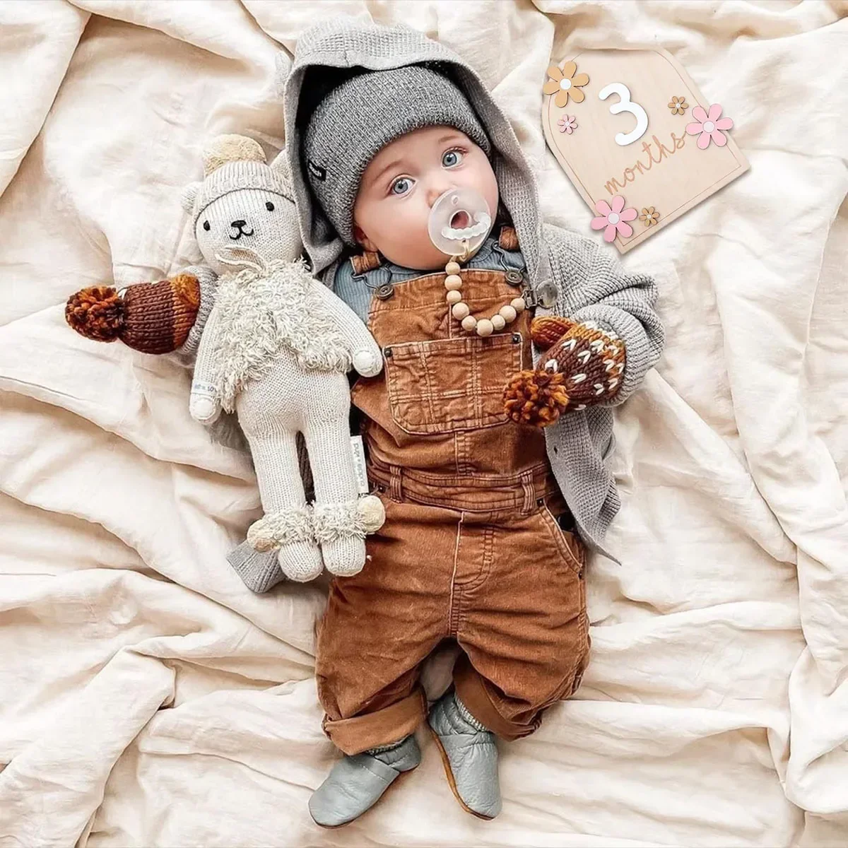 Accesorios de fotografía recién nacido, tarjetas de hito mensuales para bebé, flores de madera de doble cara, accesorios de fotografía recién nacido para niñas y niños