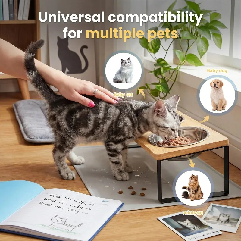 Elevated Cat Bowls Raised Wood Stand Feeder with 3 Stainless Steel Bowls Feeding & Watering Supplies for Puppy Cats Accessories