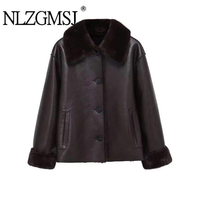 

Nlzgmsj 2026, повседневные шикарные коричневые женские куртки, кожаные пальто с длинным рукавом и меховым воротником, модная двойная верхняя одежда