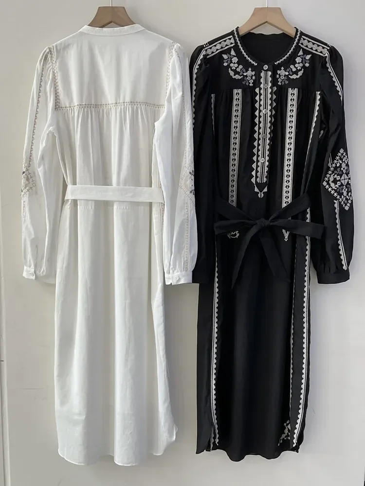 

100% Cotton Women's Lace-Up O-Neck Exquisite Embroidery Robe 2025 Spring
