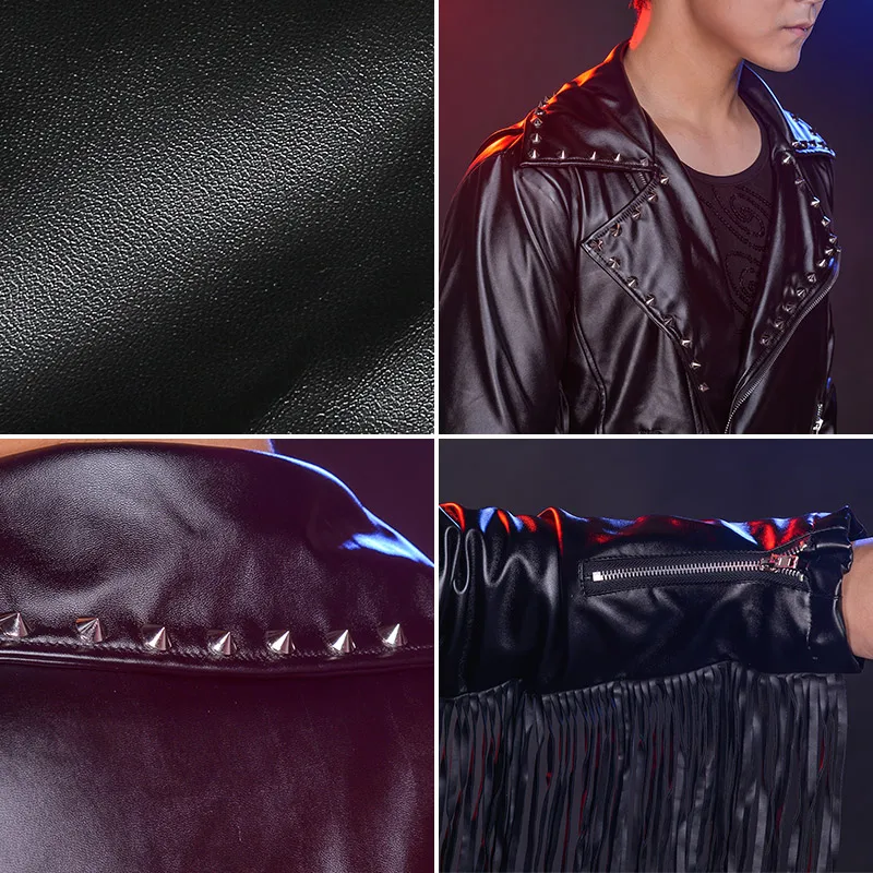 Männer Tänzerin Sänger Bar Konzert Bühne Leistung Jazz Hip Hop Tanz Kostüm Schwarz Quaste Niet Leder Jacke Hosen 2-teiliges Set