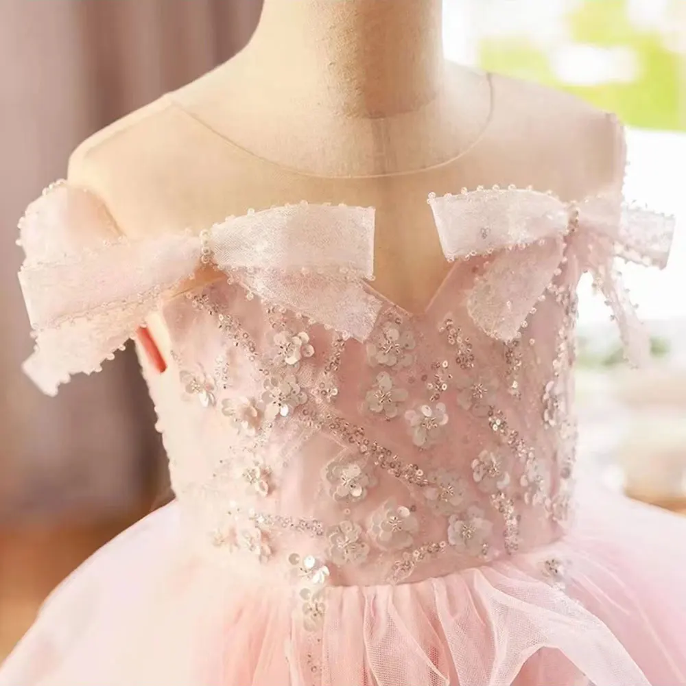 Jill Wish Luxury White Girl Dress Beaded Sequined Dubai Kids Princess Pink Birthday Wedding Party First Communion Gown 2025 J214