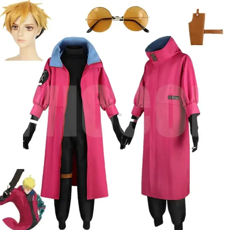 Anime Trigun Vash the Stampede Jacket Coat Uniform Wig Cosplay Costume Outfit Glasses Halloween Suit Role Play Men Disguise