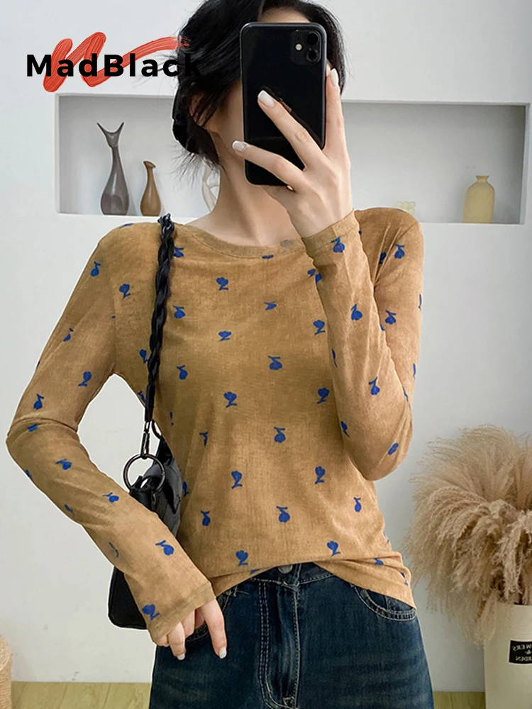 MadBlack-Women European T-Shirt, Sexy O Neck Geometry Printed, Streetwear Long Sleeve Slim Mesh S-3XL Tee, 2025 Autumn T58802CC