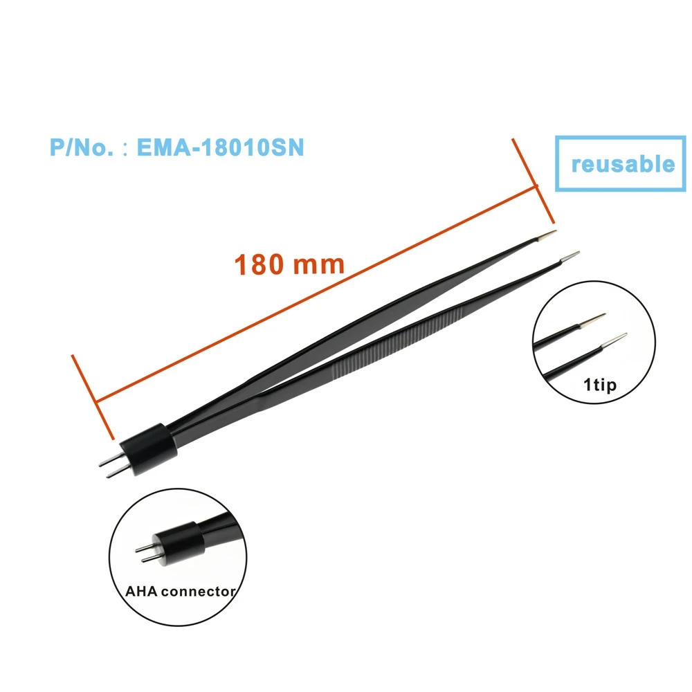 Pinzas bipolares AHA, pinzas de punta recta para unidad electroquirúrgica, recubiertas de nailon negro, antiadherentes: L:18cm, Punta 1mm