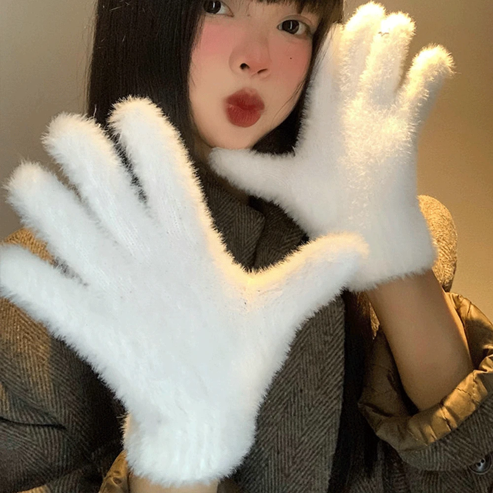 Lovely Coral Velvet Fingerless Warm Furry Gloves Women Men Korean Style Winter Snow Versatile Plush Thickened Cold-proof Gloves