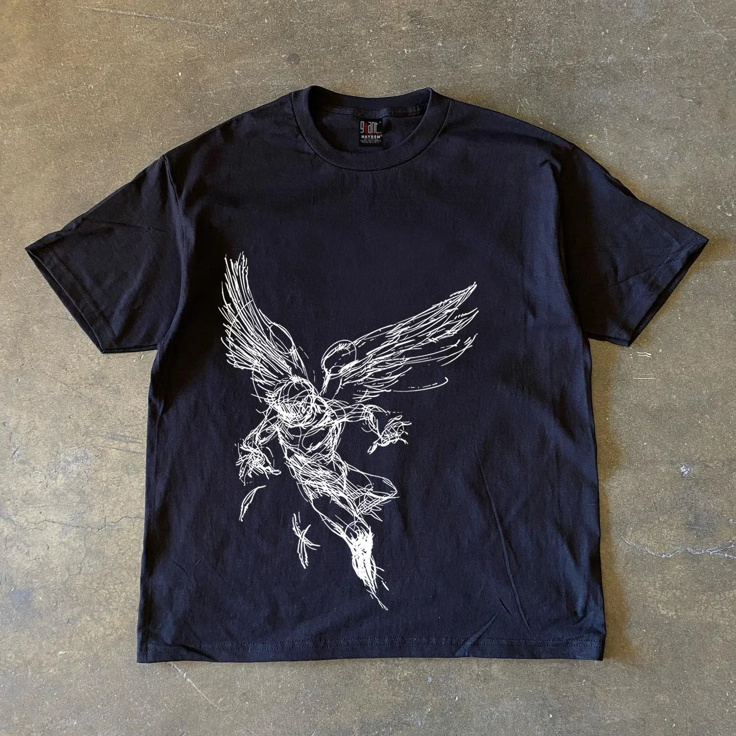 2026 Rough Sketch Winged Angel Figure Graphic T Shirt Abstract Grunge Line Art White Cotton Oversized Short Sleeve Tee