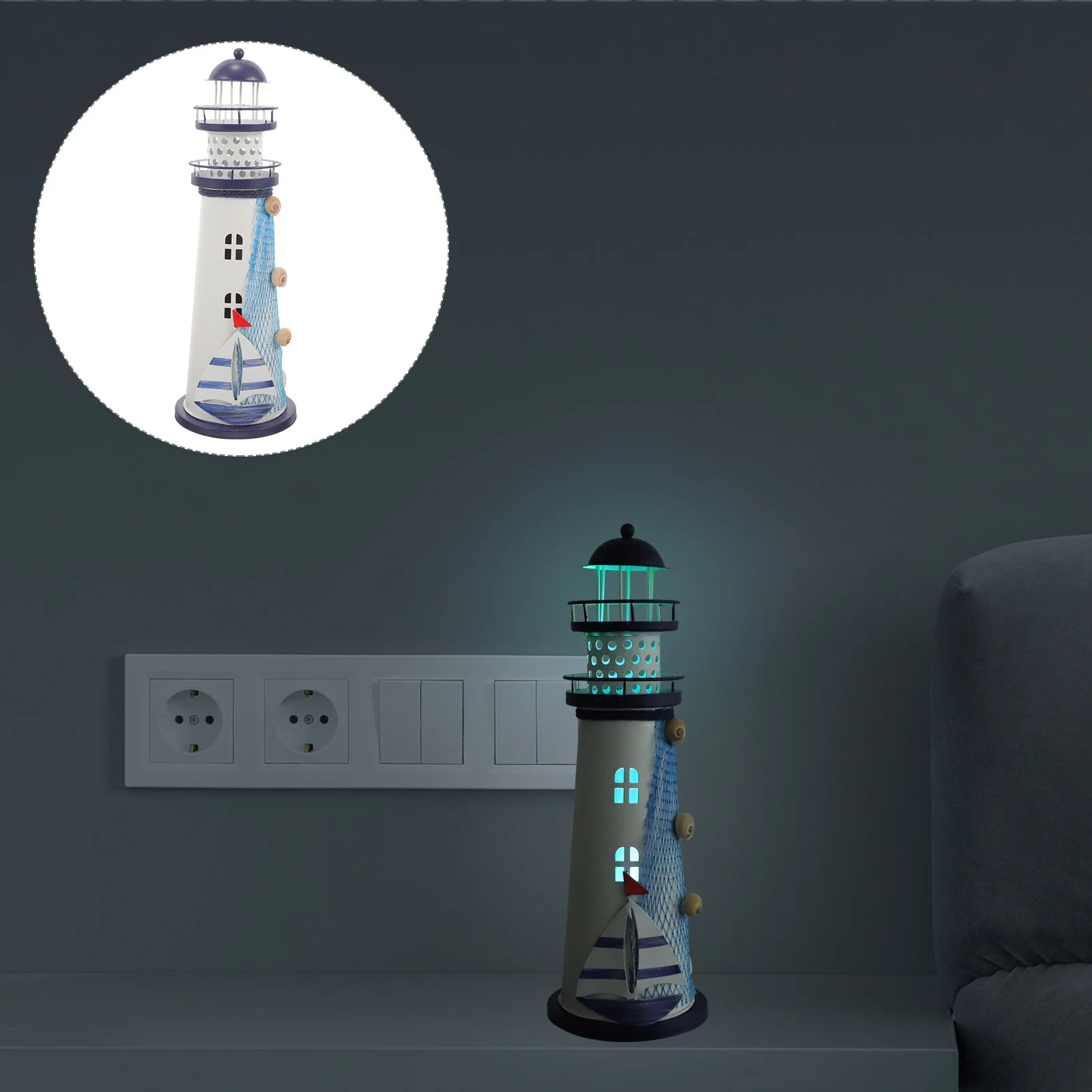 Iron Lighthouse Decoration Mediterranean Style Nautical nament Home Decorations LED Desk Accessories Ocean Theme