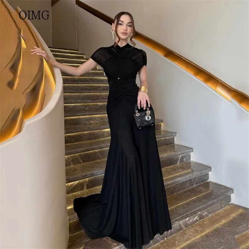 

OIMG Modern Black High Neck Mermaid Prom Gowns Chiffon Pleated Party Gown Floor Length Party-perfect Evening Dress Customized