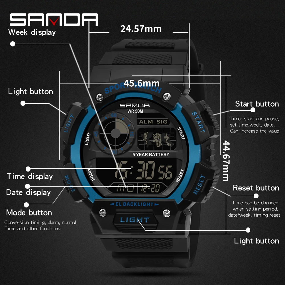 Fashion Sanda Top Brand Men 50m Waterproof Digital Watch Chronograph Sports Mens Student Swim Wristwatches G Style Watches Clock