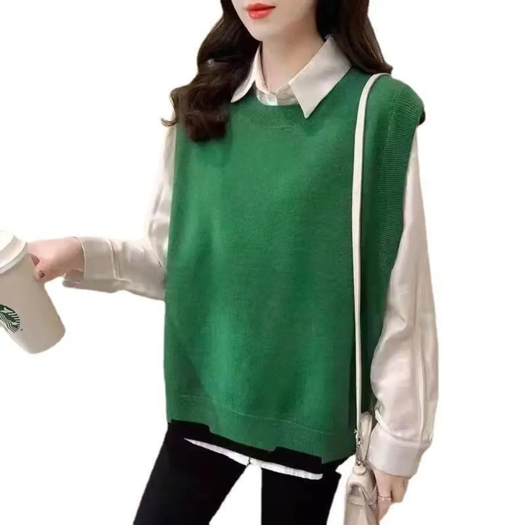 

Women's Knitted Vest Fake Two-Piece Top Western Style Loose Sweater Base Shirt Spring New Fashion for Ladies