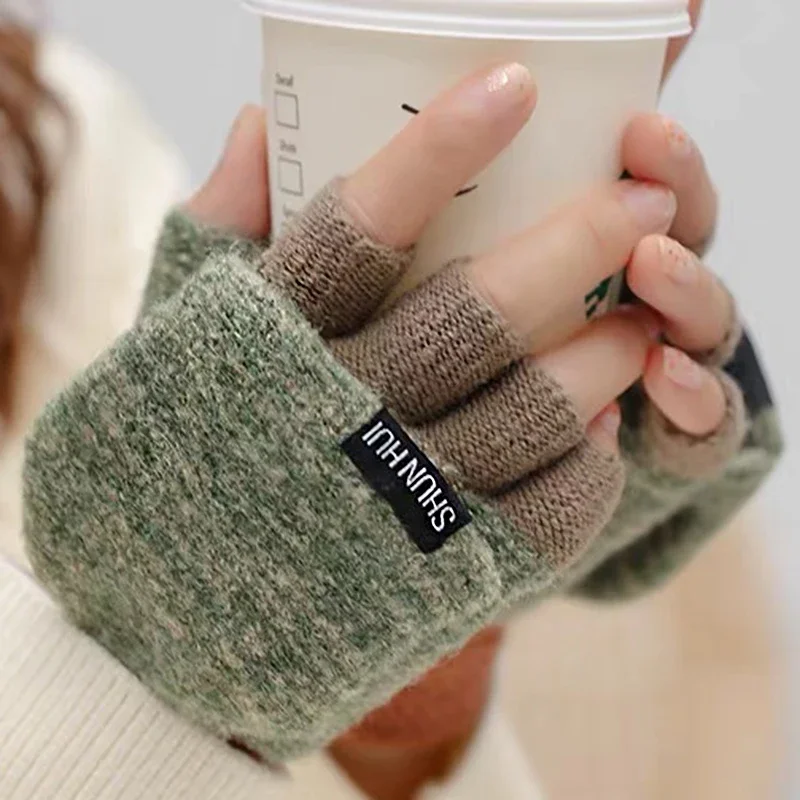 

Women Knitted Flip Fingerless Gloves Exposed harf Finger Mittens Winter Warm Thickened Glove Knitting Wool Touchscreen Gloves