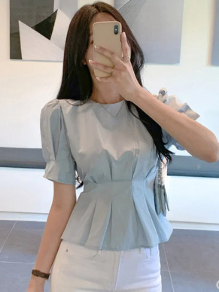 Women Tops Solid Color Folds Blouse O Neck Puff Sleeve Tunic Shirts Fashion Korean Casual Blouses 2023 Blusas De Mujer