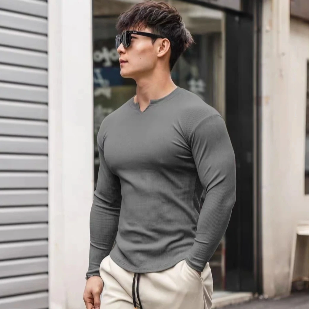 2024 Sports Long sleeved T-shirt Men\'s V-neck Tight, Moisture wicking, High Elastic Ironing Training Running and Fitness Bottom