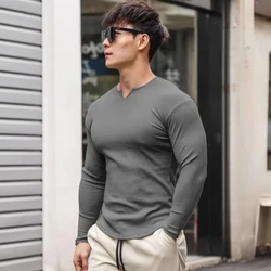 2024 Sports Long sleeved T-shirt Men's V-neck Tight, Moisture wicking, High Elastic Ironing Training Running and Fitness Bottom