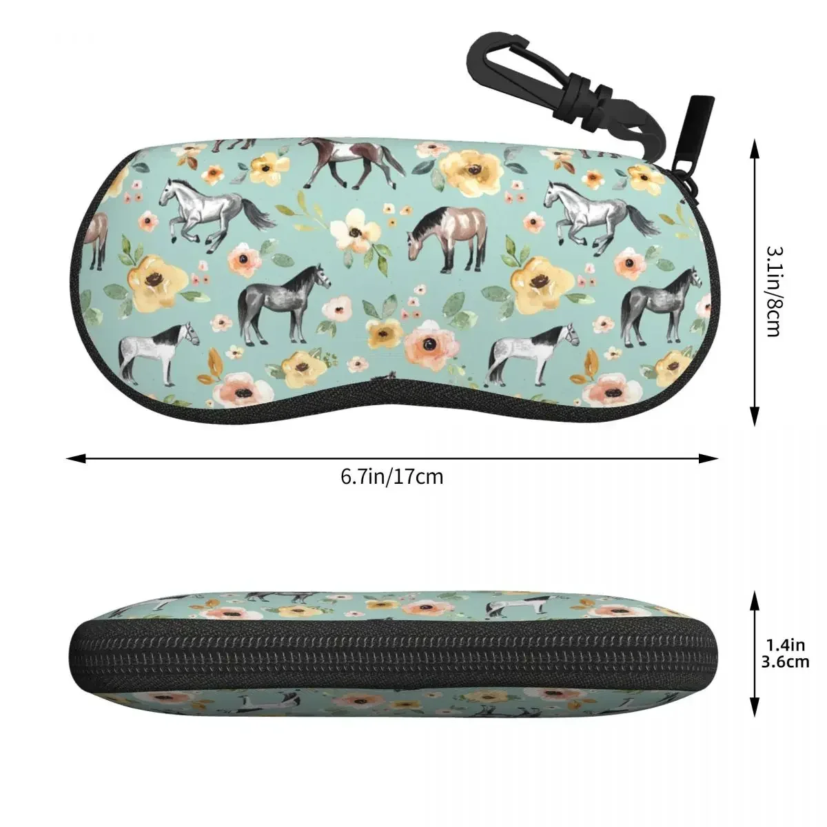 Horses With Flowers, Sunrise Floral, Blue, Horse Decor Shell Glasses Case Protector Sunglasses Box Women Men Eyeglass Bag Pouch