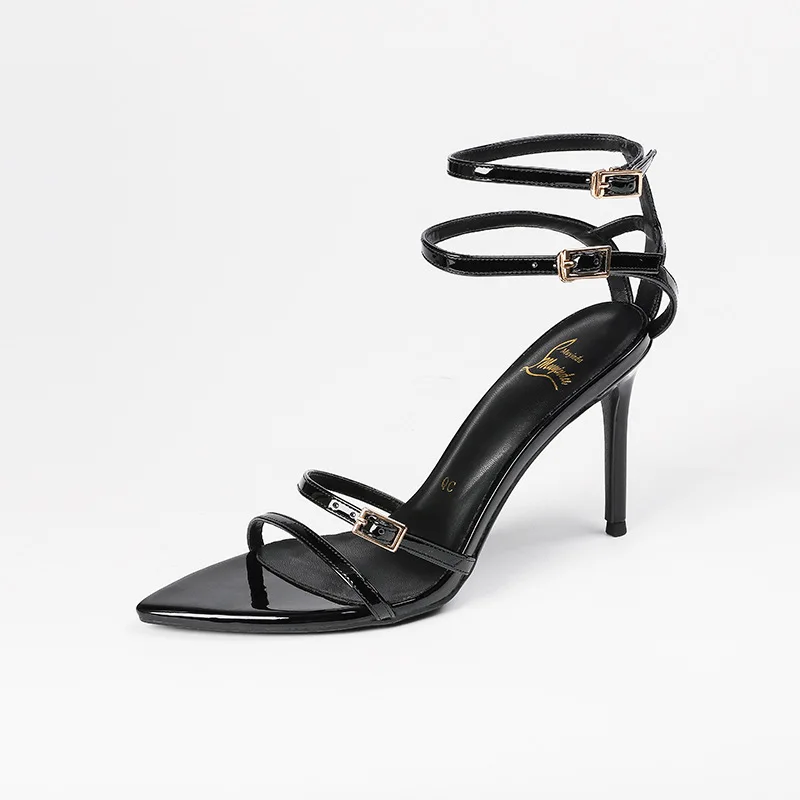 2026 Women's Black High Heel Sandals Patent Leather Ankle Strap Party Evening Dress Shoes Q-467