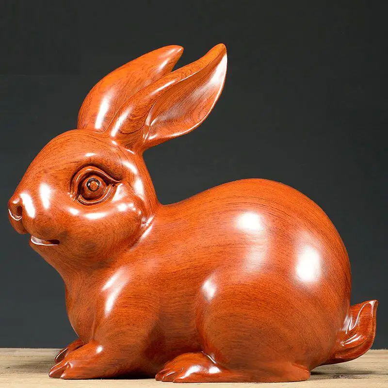 Handcarved Rosewood Ebony Chinese Zodiac Rabbit Statue Fengshui Lucky Fortune Figurine Home Living Room Office Decor