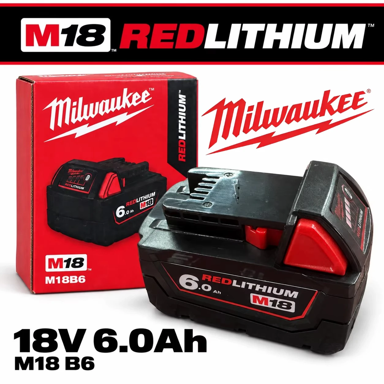 100% Milwaukee M18 6.0Ah 18V Battery 48-11-1860 M18B6 M18B5 Suitable for Milwaukee Power Tools Rechargeable Lithium Battery