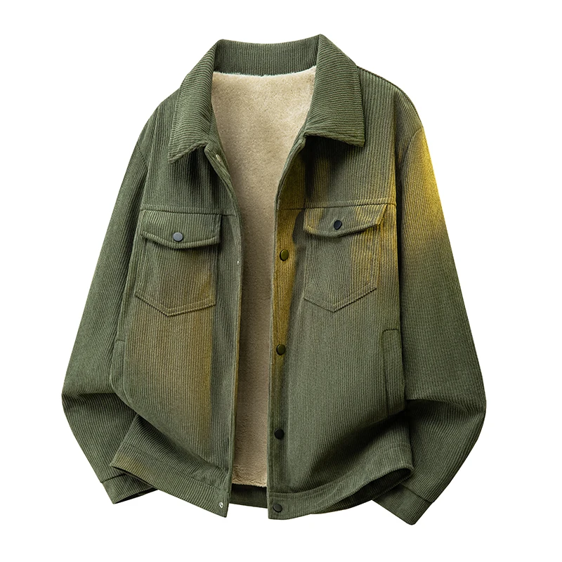 Winter Fleece Warm Corduroy Men's Jacket Lapel Cargo Jackets Inner Pocket Work Button Thick Green Pocket Coat Tops Male S-4XL