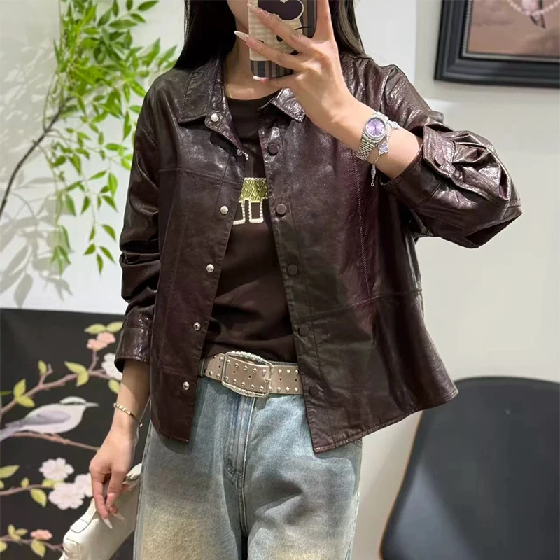 Women Spring Genuine Sheepskin Leather Autumn Lady's Classic Black Real Leather Jacket Oversize Loose Real Leather Coat