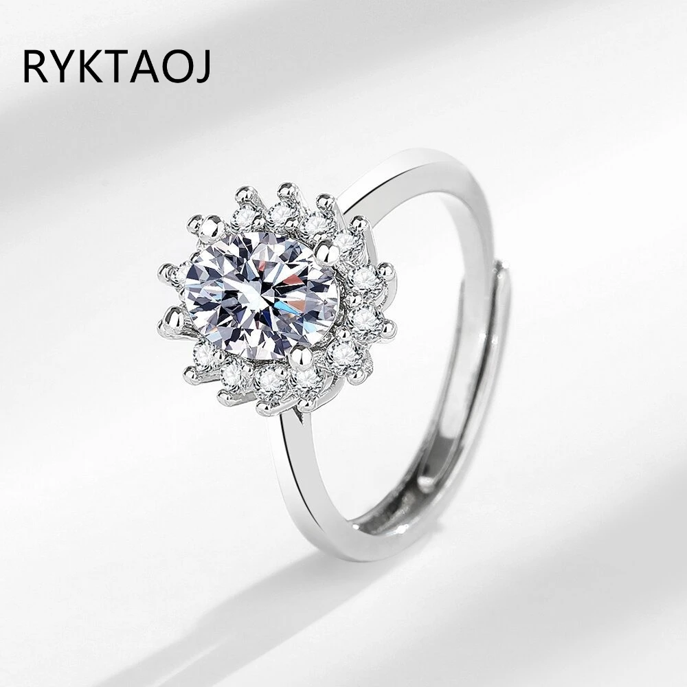 925 Sterling Silver Sunflower Adjustable Open Ring for Women, Round CZ Halo Setting Finger Ring, Sparkling Fine Jewelry Gift