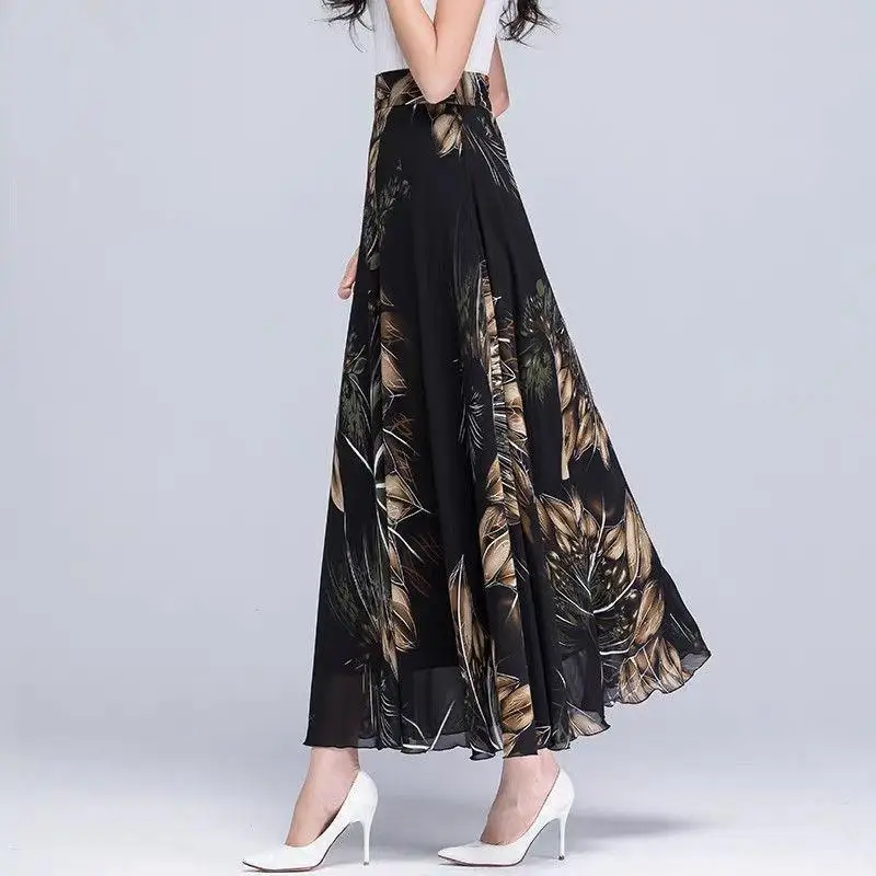 High Waist Floral Print Chiffon Maxi Skirt Flowy A Line Long Skirts For Women